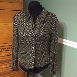 Ronni Nicole by Ouida‎ Black Silver Metallic Geometric Button Front Blouse 16